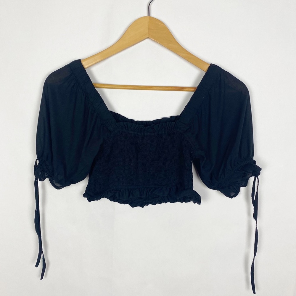 Urban Outfitters Black Smocked Puff Sleeve Crop Top